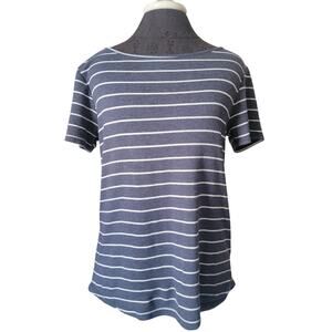 Pink Clover Women's Navy Blue and White Striped Long T-Shirt - Size Small